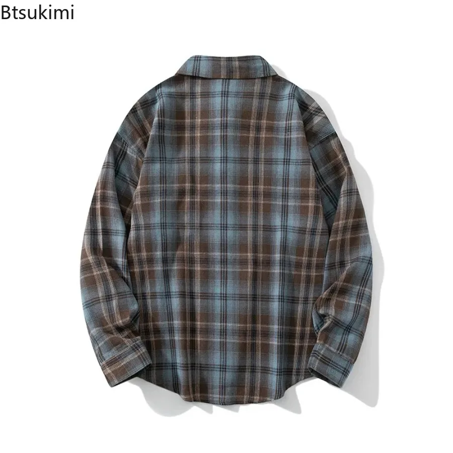 New Men Long Sleeve Plaid Shirt Spring Plus Size Loose Handsome Casual Check Blouse Oversized Outerwear for Teenagers Youth Male