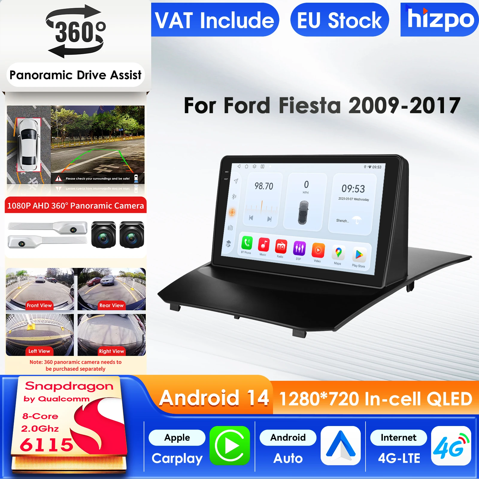 Hizpo 2Din Android 14 Auto-Multimediaplayer für Ford Fiesta 2009 - 2017 GPS Carplay 4G KI-Intelligenter Bildschirm Autoradio WIFI RDS 9 Zoll Auto-Intelligent-Bildschirm QLED-Display Automotive Head