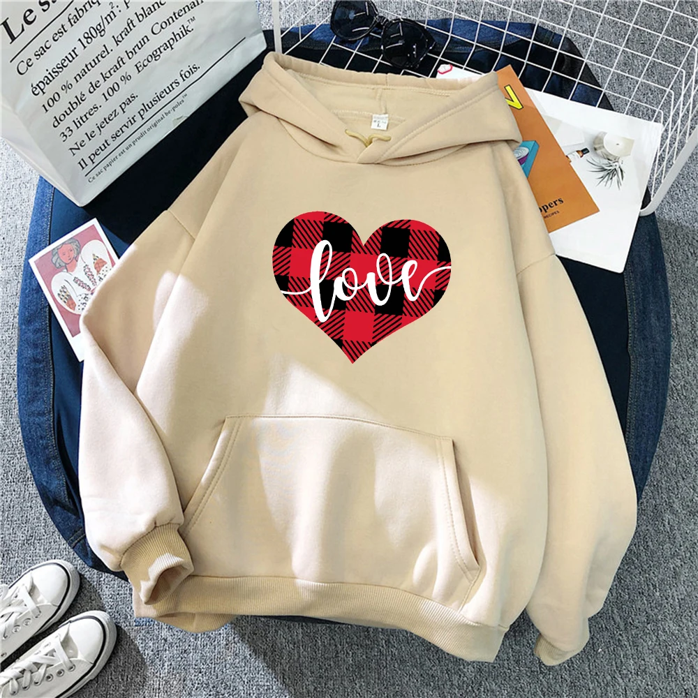 Red Chess Grid Heart Love  Printing Hoody Women Fashion Oversized Hoodie All-Match Y2K Female Pullover Autumn Fleece Clothes