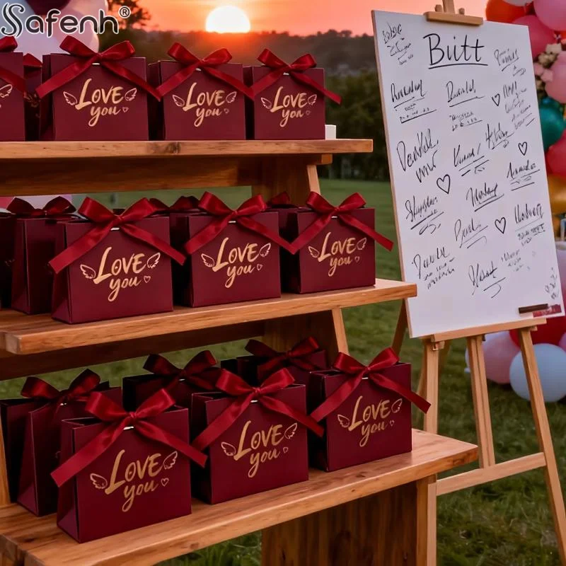 

10 шт. подарочных коробок для шоколада, подходящих для свадебных конфет и подарков ко Дню святого Валентина, с золотой фольгой и лентой.