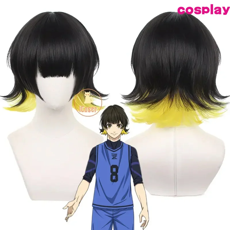 أنيمي الأزرق قفل Bachira Meguru شعر مستعار تأثيري أسود أصفر وعاء الشعر قطع فريق Z No.8 لاعب كرة القدم بوب هالوين ملحق الرجال D