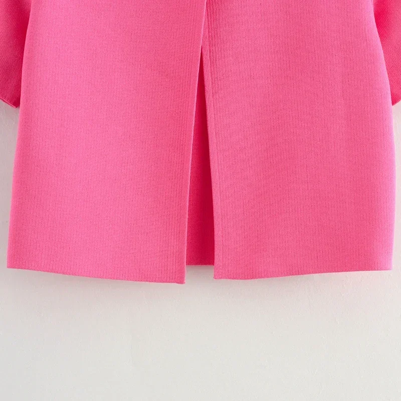 패션 여성 핑크 탑 반팔 원버튼 장식 니트 셔츠 휴가용 탑