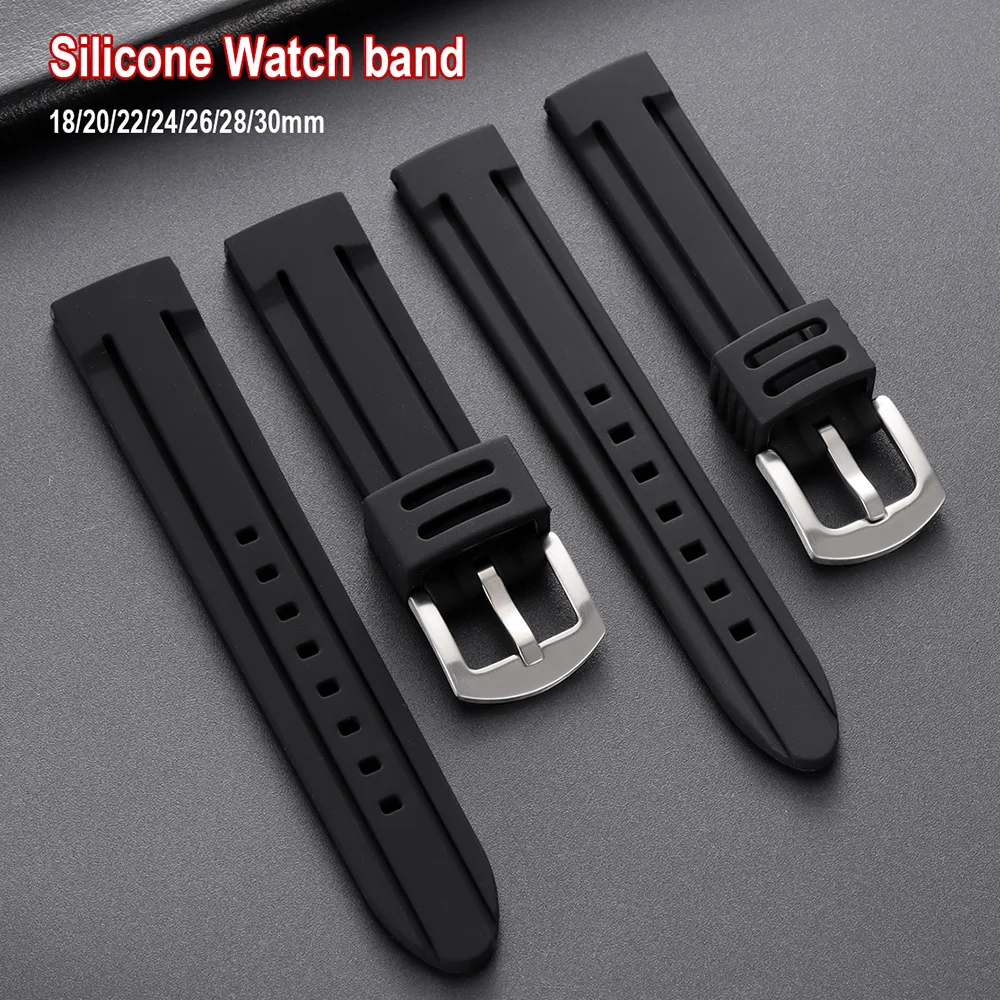 Premium Silicone Rubber Watch band 18mm 20mm 22mm 24mm 26mm 28mm 30mm Soft Double-Groove Silicone Men Women Universal Strap