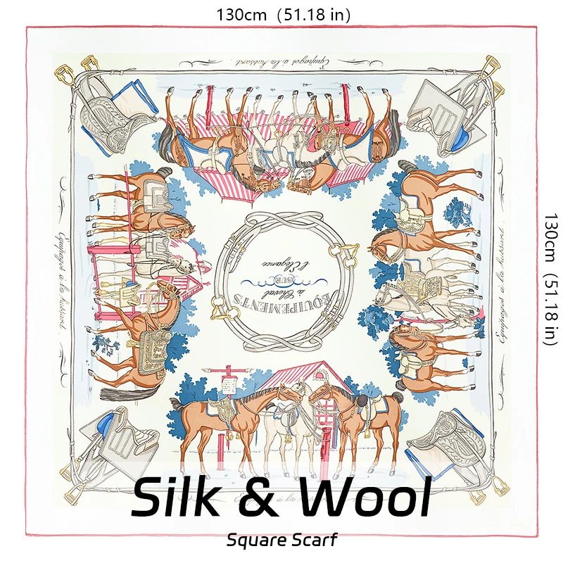 Autumn and Winter Warm Scarf 30% Pure Natural Silk+70% Wool 130x130CM Double-sided digital printing pink shawl Equestrian print