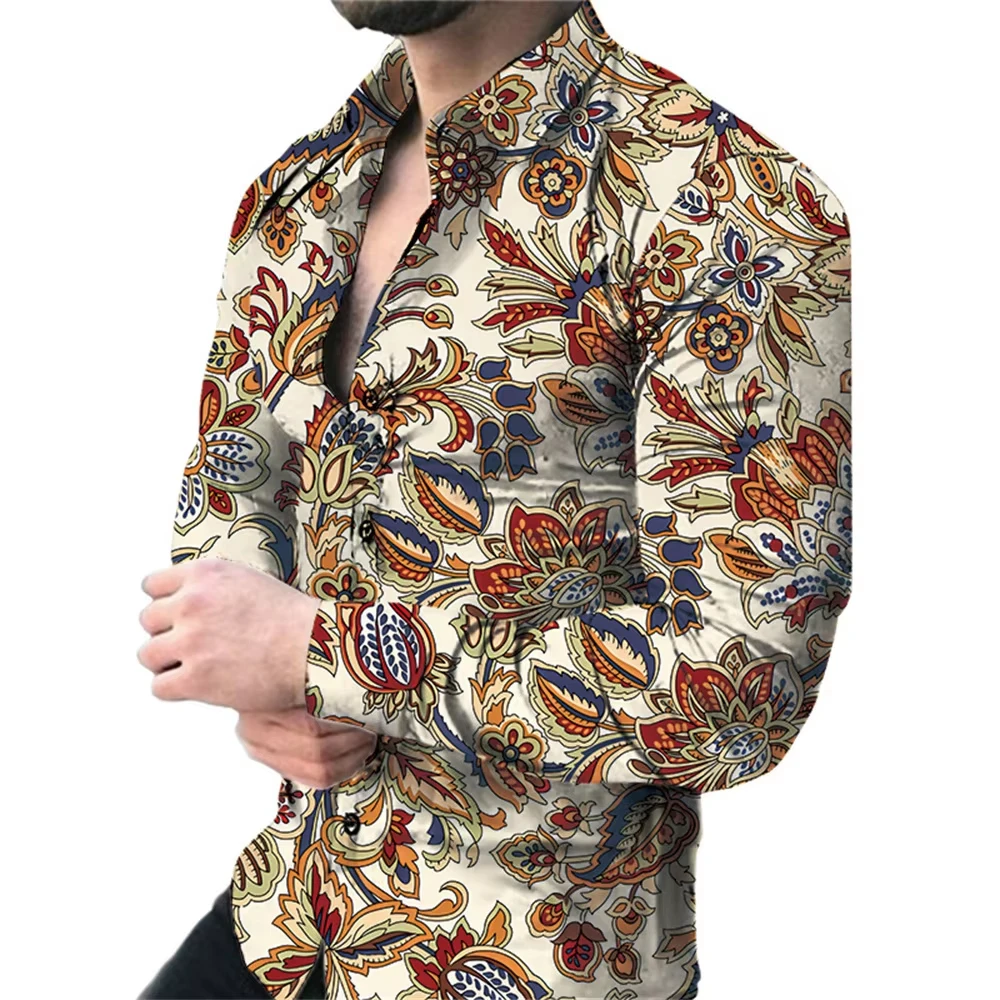 

New Retro Men's Lapel Shirt Men's Exquisite Ethnic Print Slim Shirt New Fall Fashion Office Long-sleeved Blouse Elegant Shirt，