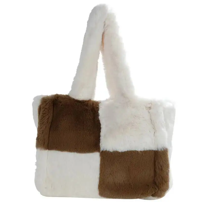 Sweet Cute Plush Tote Women Color Block Soft Large Capacity Handbag Ladies Gentle Comfort Minimalist Versatile Underarm Bag