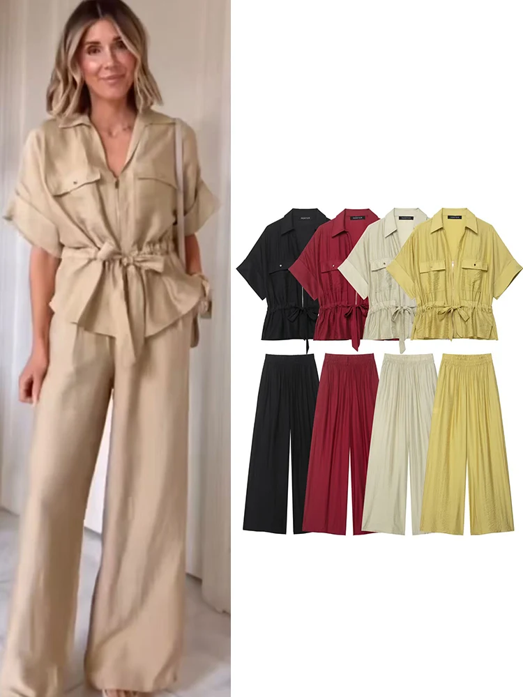 

TFMLN Женские широкие брюки из 2 предметов, рубашка на молнии с короткими рукавами, прямые брюки с эластичной резинкой на талии, шикарный стиль сафари, женская повседневная одежда