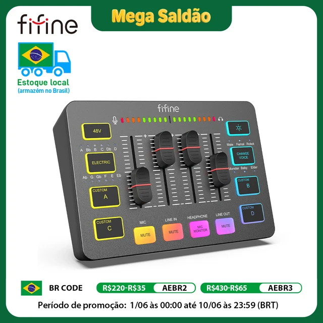 FIFINE USB Gaming Mixer z interfejsem mikrofonu XLR, zasilaniem Phantom 48 V, RGB, kartą dźwiękową do podcastów Streaming AmpliGame SC3