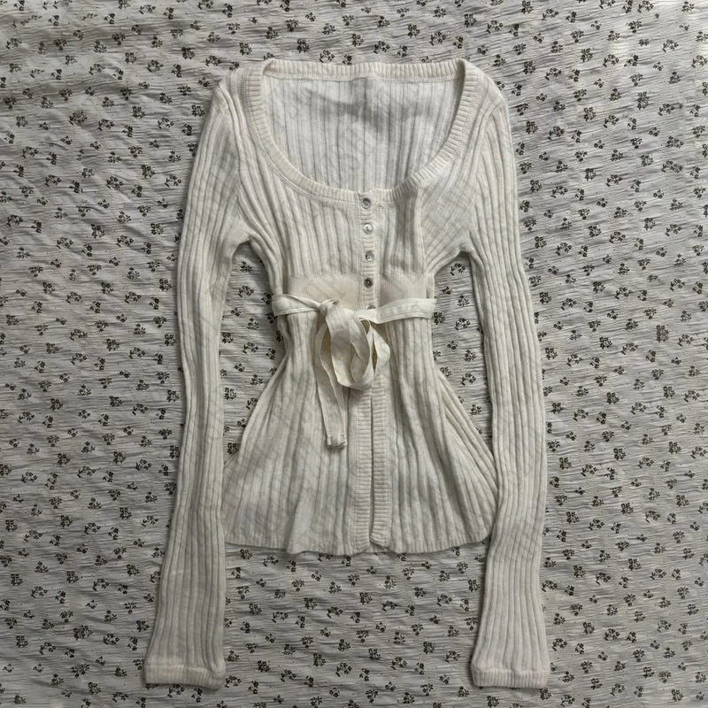 Round neck Y2K Women's Long Sleeve Clothing Slim Advanced 90s Sweater Elegant Harajuku Knitwear Korean Aesthetic Female Cardigan