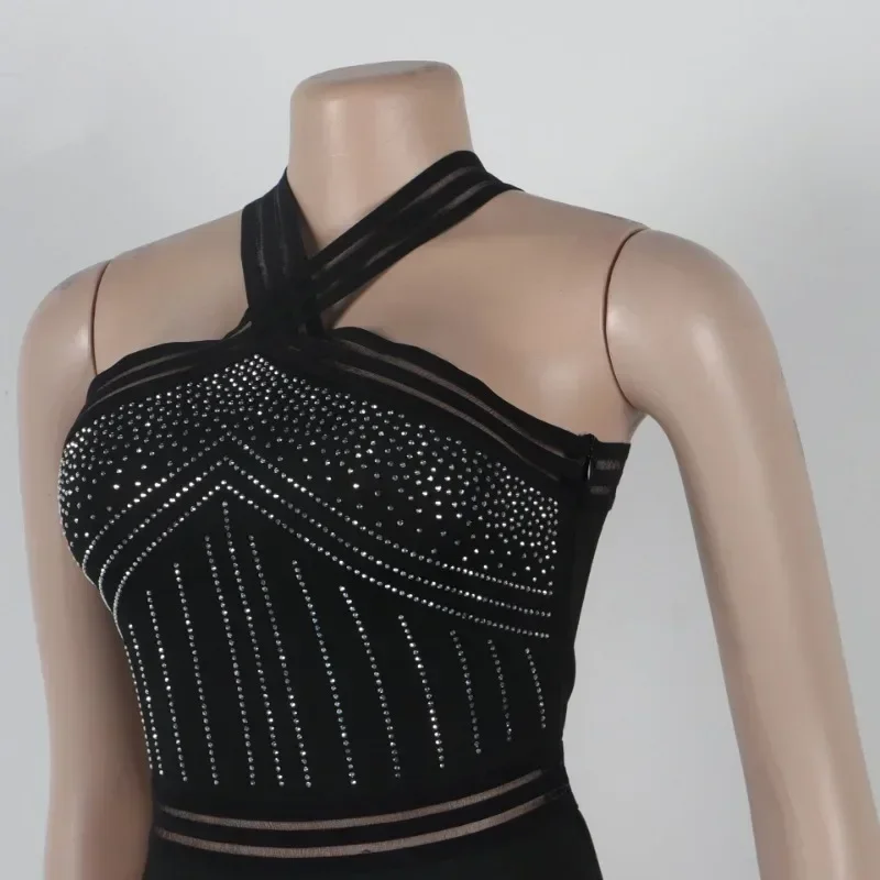 GUWU Diamanti Strass Pagliaccetto Donna Senza maniche Halter Sheer Mesh Patchwork Tute intere Club Party Compleanno Abiti