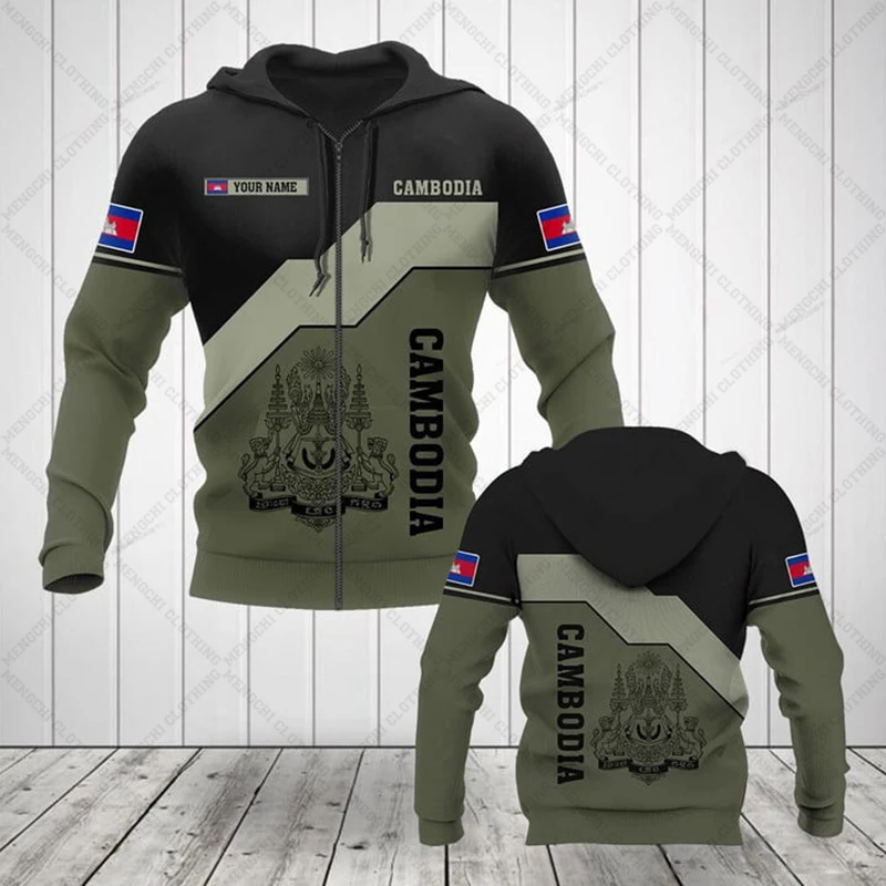 Custom Name Cambodia Camouflage Zipper Hoodies Loose Unisex Oversize Sweatshirts Winter Casual Streetwear Tops Pullover