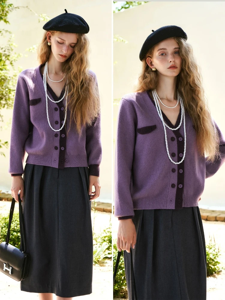 

OLrain Women Purple V-Neck Cardigan 2025 Autumn French Elegant Long Sleeve Jacket Casual Vacation Knit Tops Ladies E56QM85080