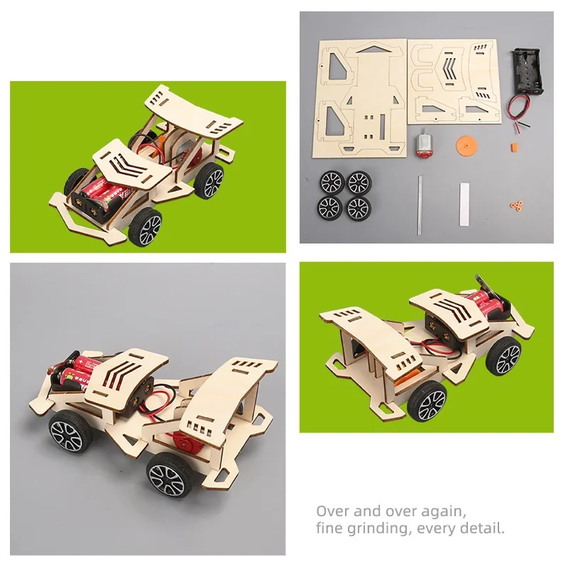 DIY Wooden Electric Racing Car Four-Wheel Drive Racing Car Assembly Scientific Experimental Kit KIDS STEM Educational Toys