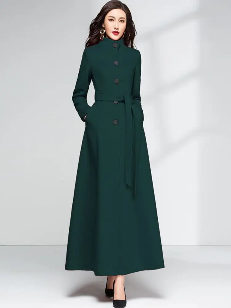 New Women Woolen Coat Autumn Winter Elegant Fashion Stand Collar Thicken Warm Overlength Wool Blends Outerwear Slim Overcoat