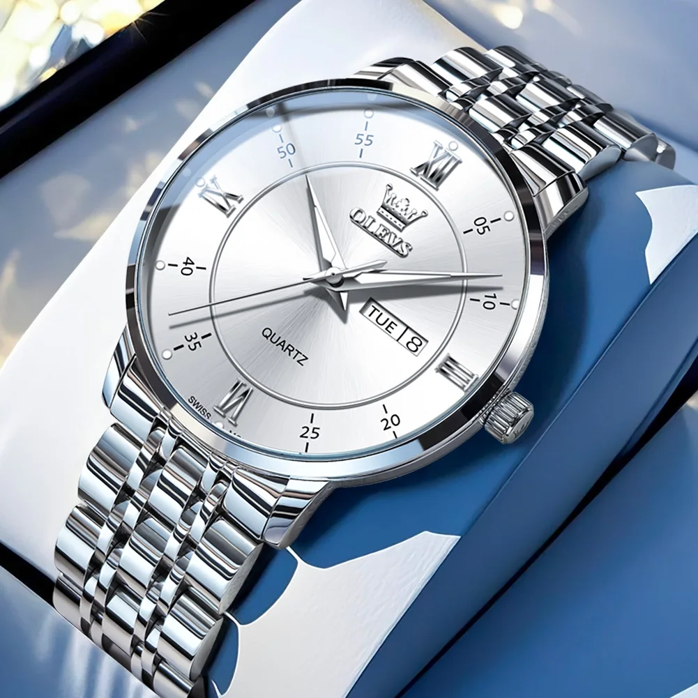 OLEVS Top Brand Original Stainless Steel Quartz Watch for Men Best Selling Fashion Luxury Dual Calendar Luminous Wrist Watch Men