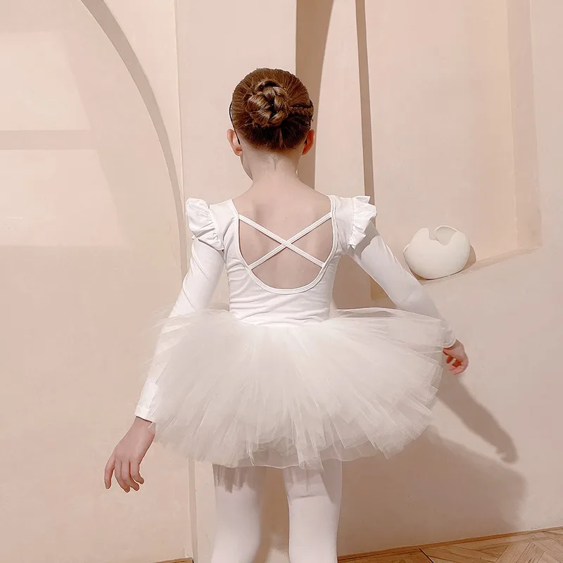 Tutú de Ballet para niñas, en la espalda con correa entrecruzada leotardo, manga con volantes, traje de bailarina, vestido de baile para niños pequeños, cisne gimnástico