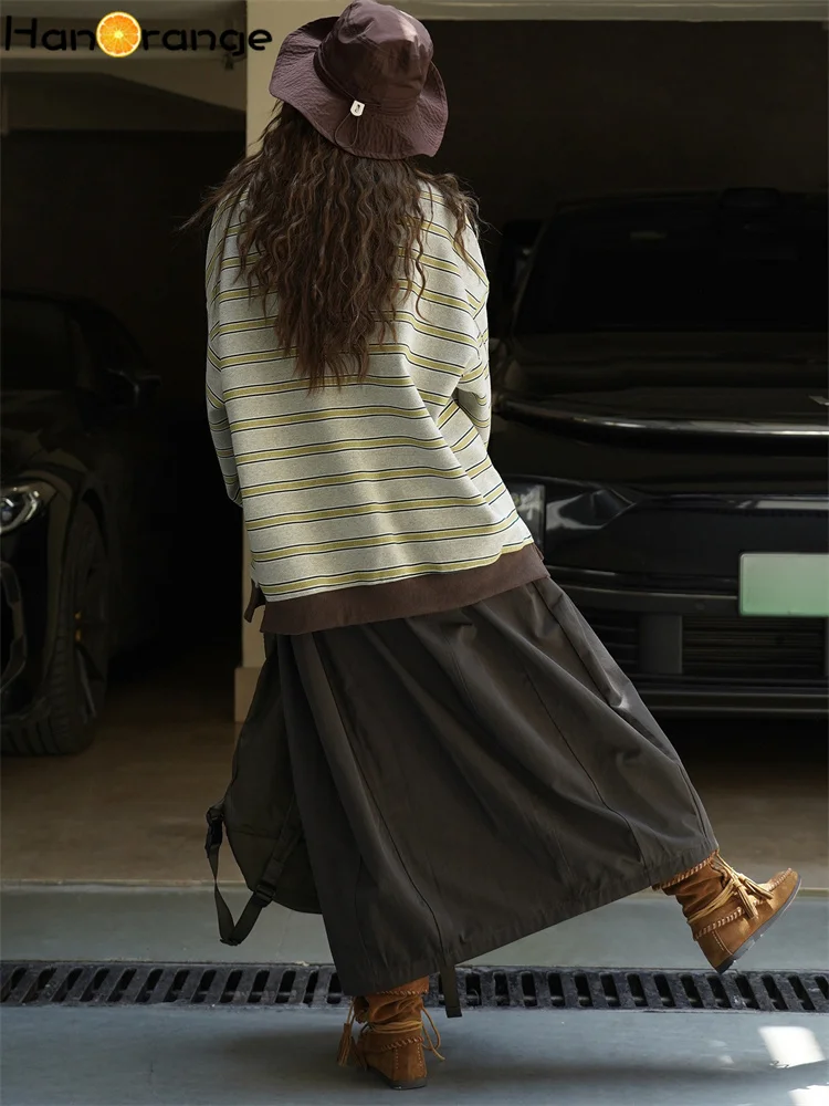 HanOrange 2025 Autumn Fashion Contrasting Bold Stripes Sweatshirt Women Loose Silhouette Top Gray