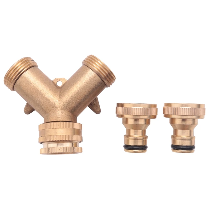 ABRE-3/4 Inch 2 Way Hose Splitter Brass Y Valve Garden Tap Connector With 2 X3/4 Inch Brass Water Tap Outside Tap Kit