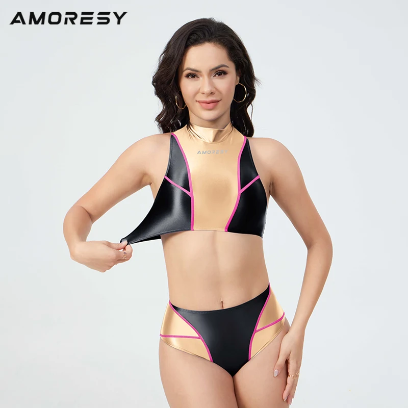 AMORESY Women's Satin GlossyOily Patchwork Swimming Trunks Split Bikini Cosplay Swimsuit Backless Tights Beach Spandex Leotards