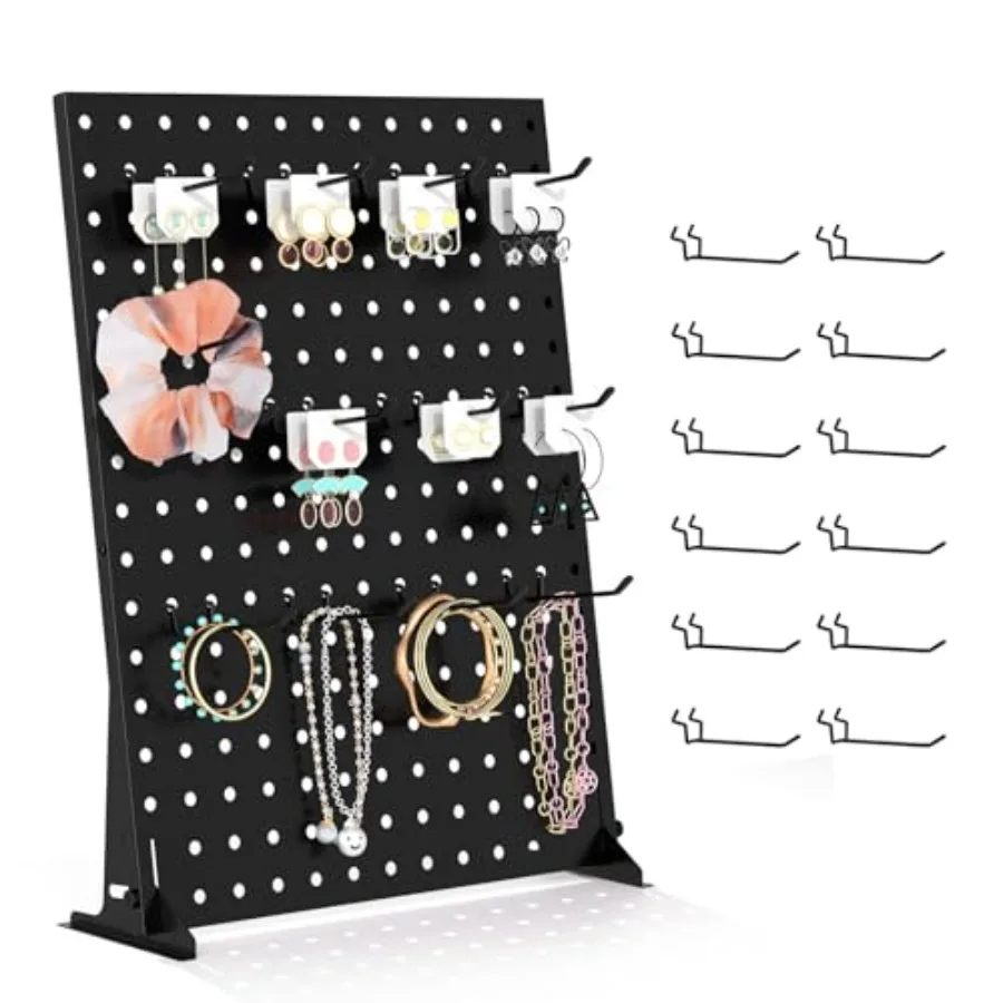 Portable and Adjustable Peg Board Display Stand 17x13 Inch with 12 Hooks Small Pegboard Quick-Setup, Metal Jewelry Organizer fo