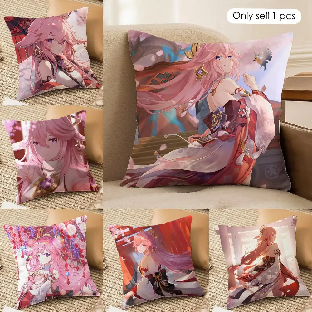 Yae Miko Genshin Impact Kissenbezug, seidiger, kurzer Plüsch, unsichtbarer Reißverschluss, staubdicht, Sofakissenbezug für Heimdekoration