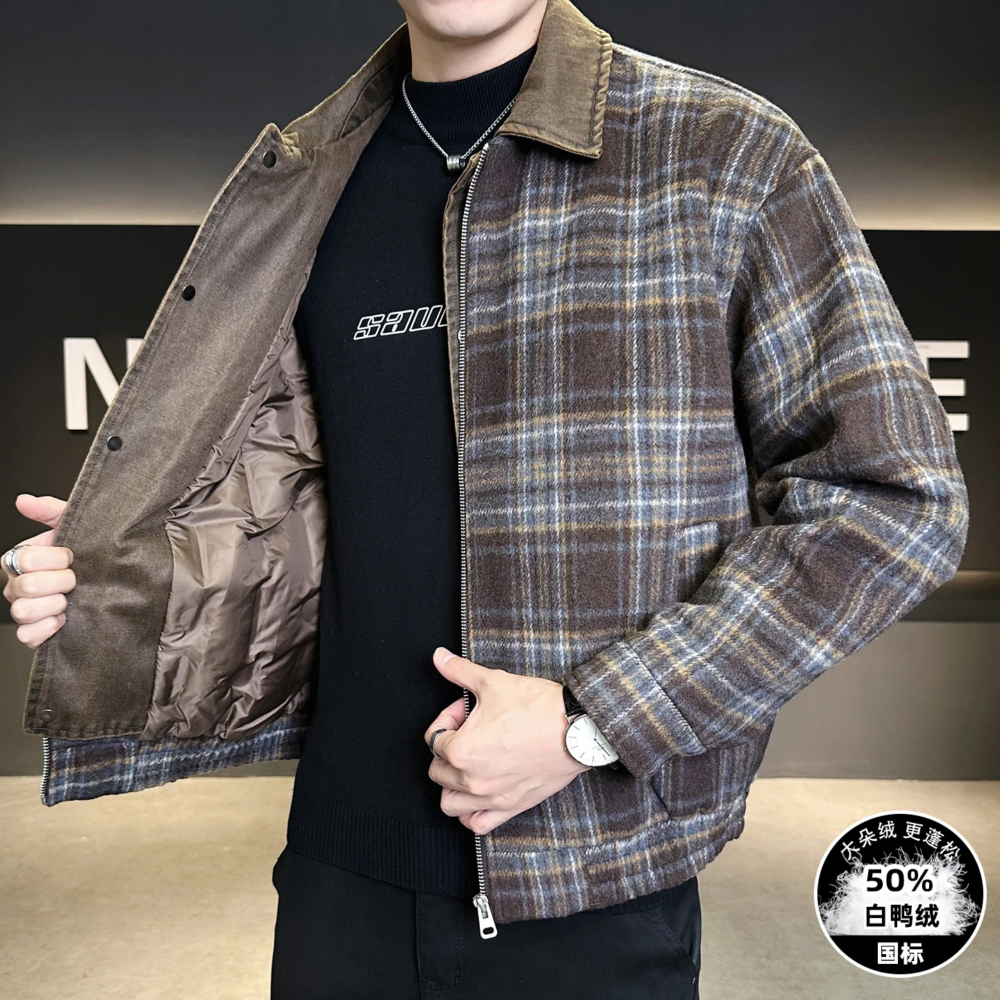 

Fashion Men's Plaid Duck Down Jacket High Streetwear Casual Warm Checker Puffer Coat Outdoor Windproof Thick Padded Top Clothing