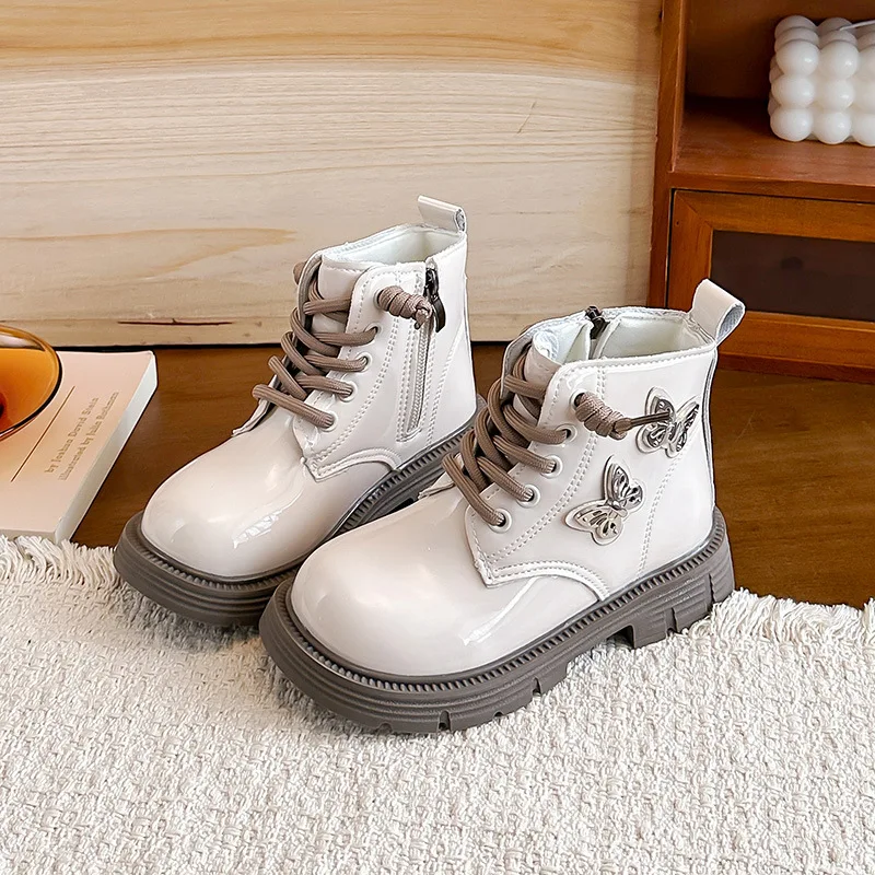 Girls Butterfly Decor Ankle Boots Kids Autumn Side Zipper Booties PU Leather Non-Slip Rubber Sole Boots for Litter & Big Girls
