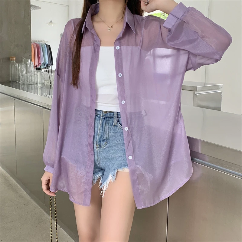 

Candy Color Loose Sunscreen Shirts Women Summer Thin See Through Long Sleeve Chiffon Shirt Woman All Match Single Breaste Blouse