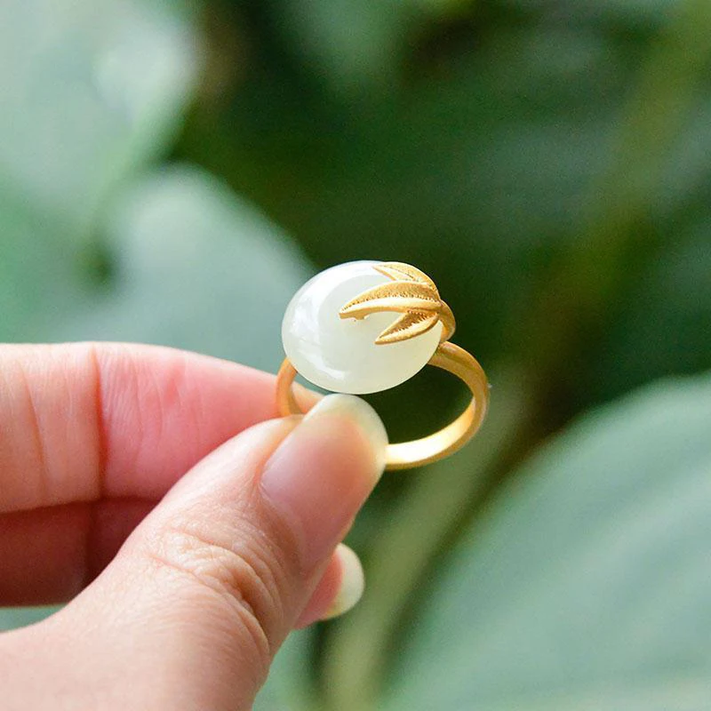 Creative design inlaid natural Hetian white jade bamboo leaf ring opening adjustable fresh atmosphere elegant ladies jewelry