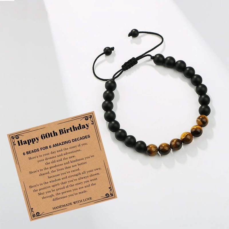 30th/40th/50th/60th/70th/80th Birthday Bracelet Gifts Adjustable Handmade Black Matte Tiger Eye Stone Bracelet for Men and Teen