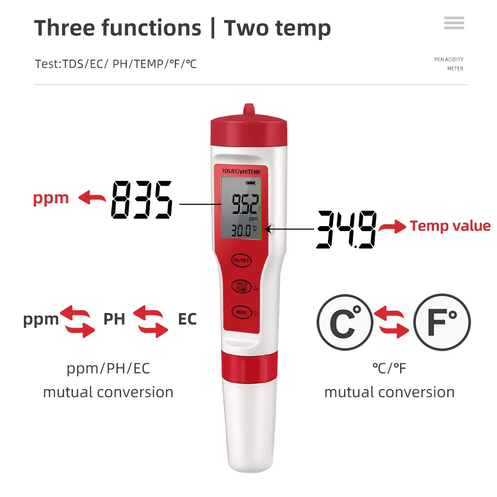 Medidor de PH 4 en 1 PH/TDS/EC/medidor de temperatura Monitor Digital de calidad del agua probador para piscinas acuarios de agua potable