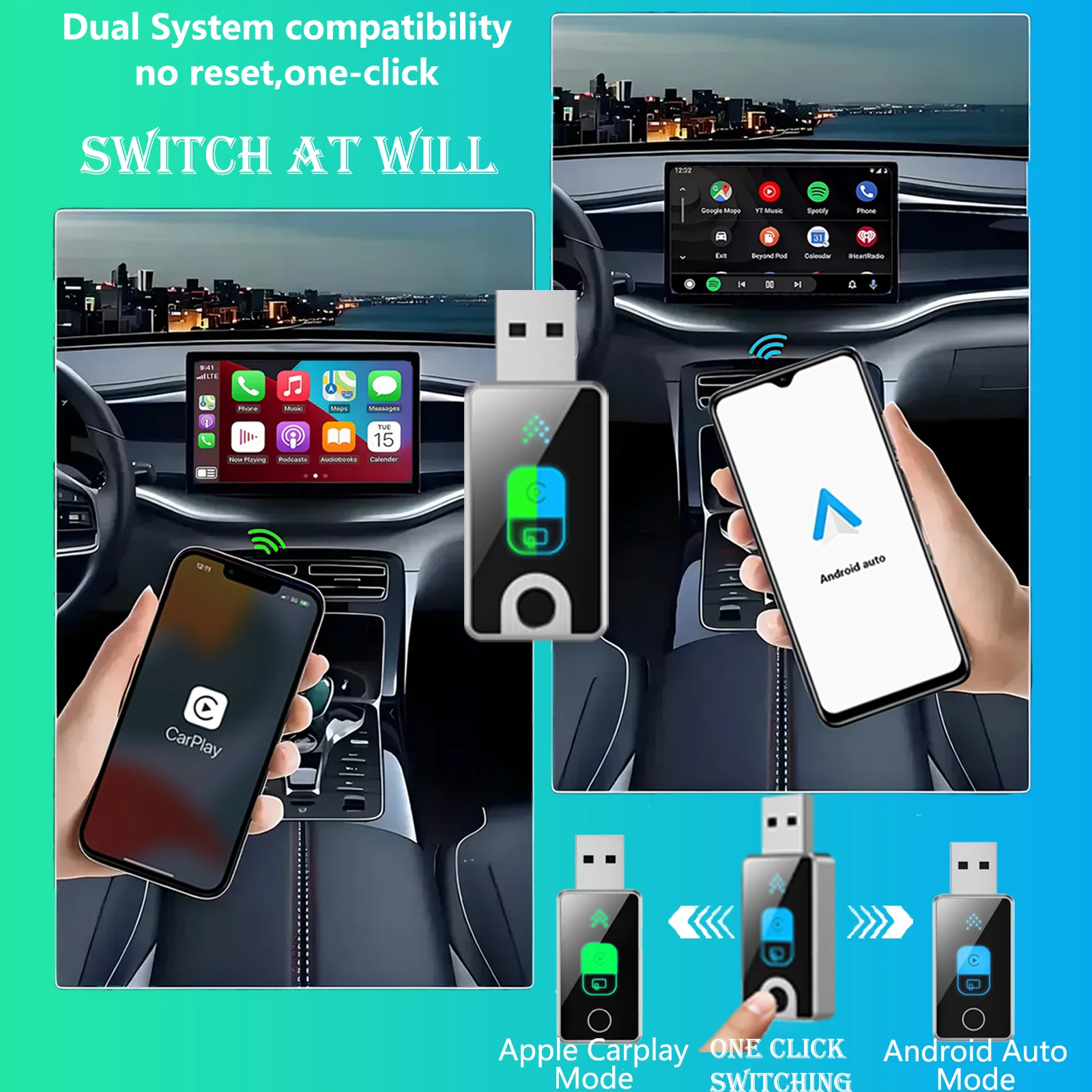 2-in-1 draadloze carplay- en Android-auto-adapter, snelle verbinding CarPlay-adapter met schakelaar met één klik voor iPhone en Android