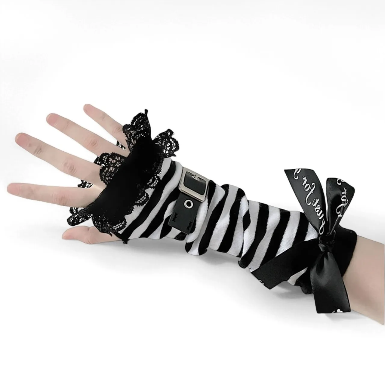 Gothic Arm Sleeves Fingerless Gloves Punk Buckle Bow Lace Trim Striped Sun Protection Lolita Harajuku Style