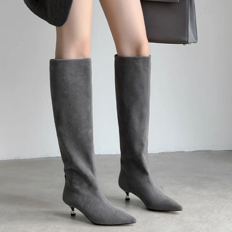 Fashion Retro Minimally Pointed Suede slim High Heels Knight Boots slip-on Knee-high Women's Shoes Pumps Botas De Mujer