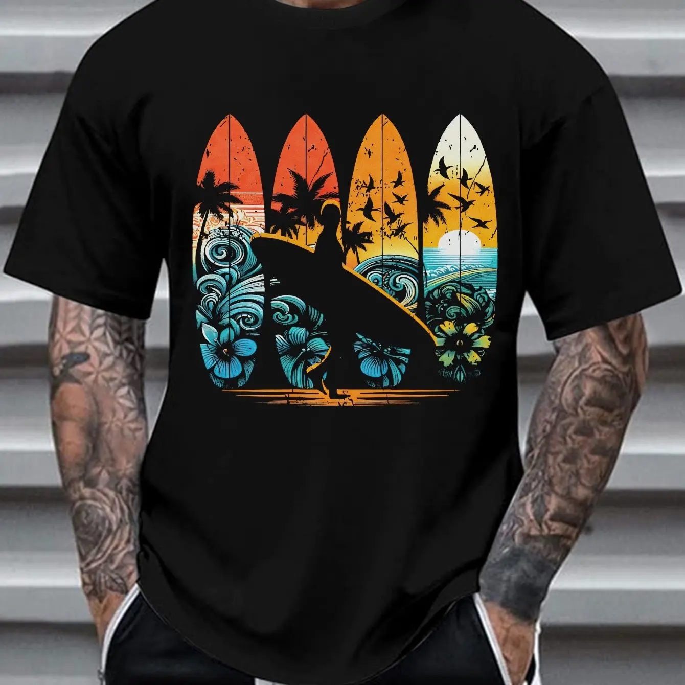 Men's Short Sleeve T-shirt Features A Retro Hawaiian Surf Design for Comfortable Breathable Fit Everyday Men Clothing