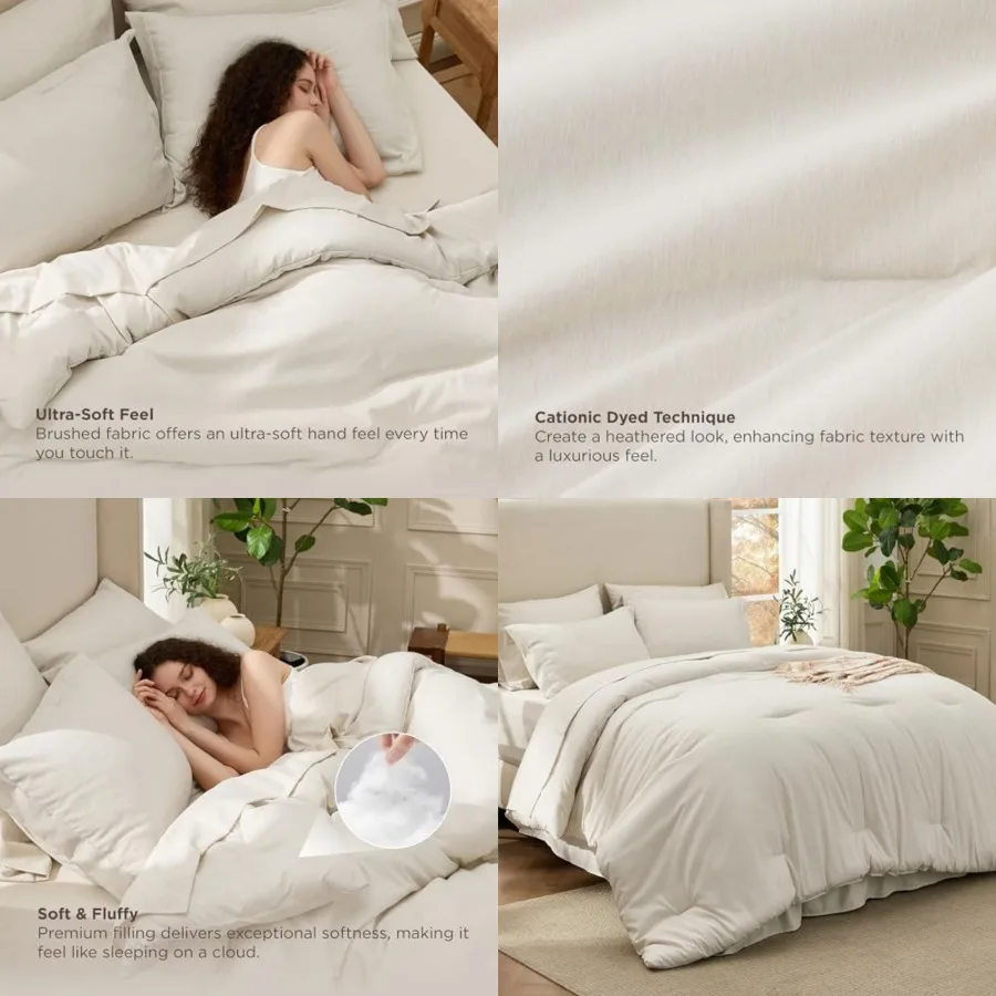 Juego de Edredón Beige - Juego de Ropa de Cama 7 Piezas, Juego de Cama Teñido con Tinte Catiónico, Regalo para la Familia, Ropa de Cama Suave Beige para Todas las Estaciones