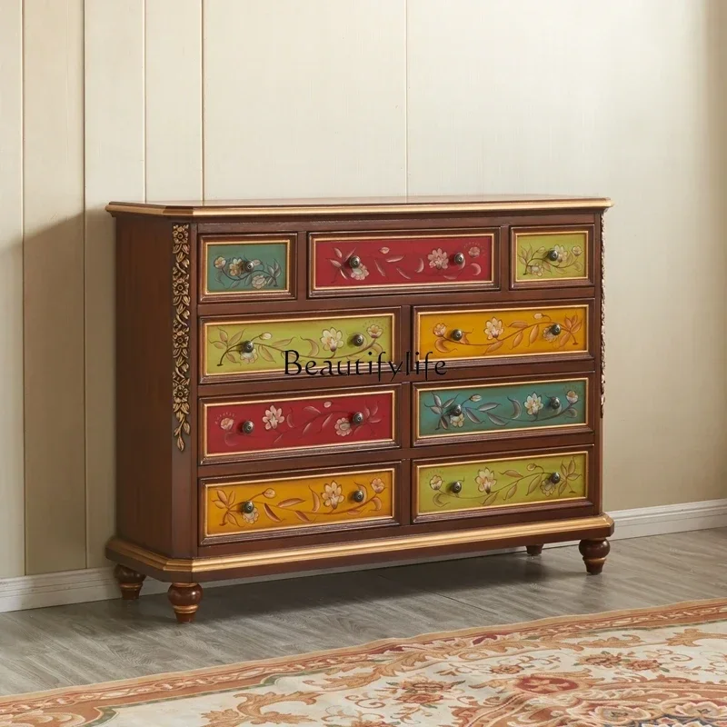 

09American rural solid wood nine bucket porch dining side cabinet bedroom storage hand-painted storage cabinet