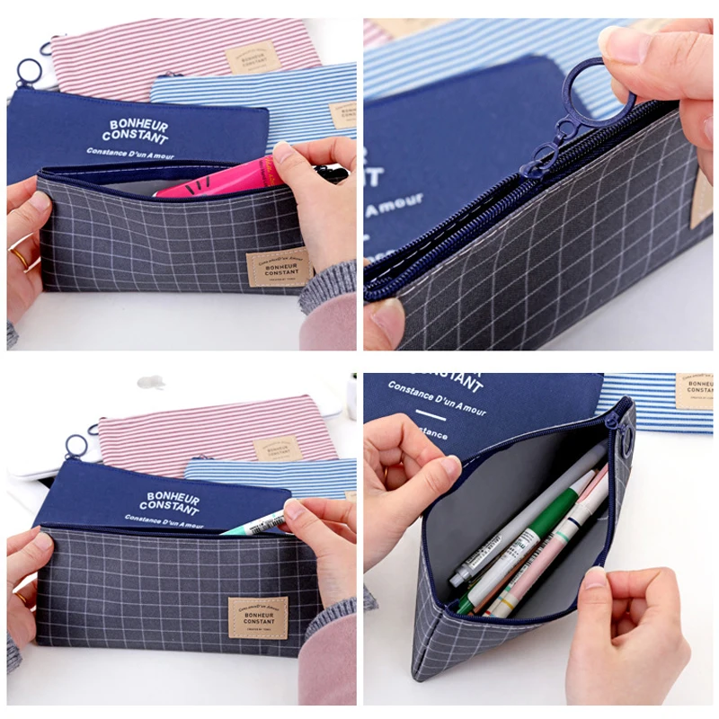 3PCS Simple Square Lattice Pencil Case School Office Stationery Student storage Pen Box Canvas Material Pencil Bag Pencil Pouch