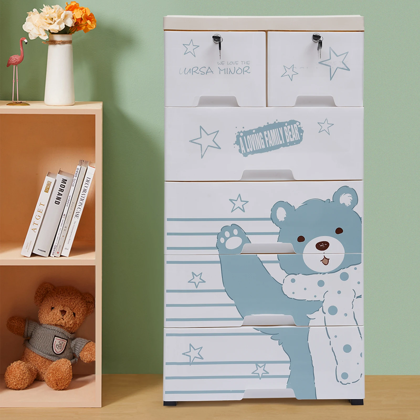 

102cm 5-layer Movable Plastic Drawers with Lock Dresser Storage Cabinet with 6 Drawer for Playroom Bedroom Furniture