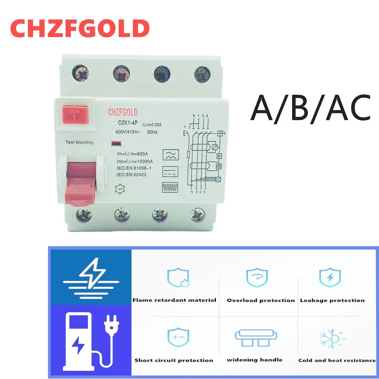 CHZFGOLDMCB for Household ConstructionHotSale ELCB RCD solar chargin circuit  CZK6 RCCB 6-4P16A 25A 32A 40A 63A 80A 100AResidual