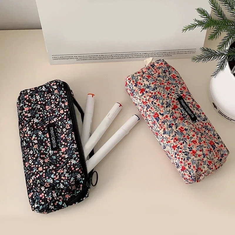 Women Flower Cosmetic Bags Girl Pencil Case Embroidery Student Korean Kawaii Cases for Girls Make Up Brush Storage Pouch