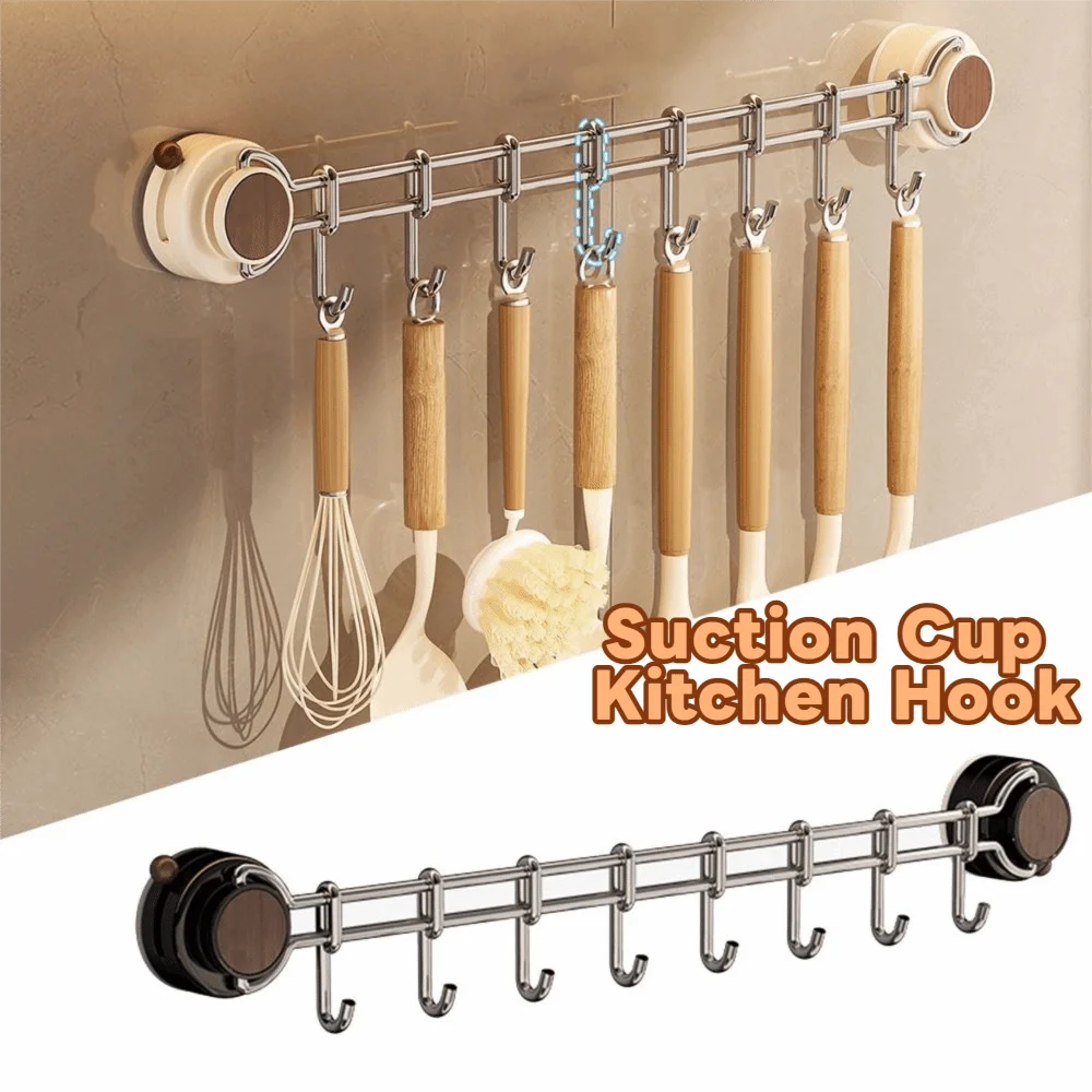 

8 Hooks Suction Cup Kitchen Hook Sliding Adjustable Wall Mounted Utensil Holder Multi-Purpose Space Saving Flatware Storage Rack