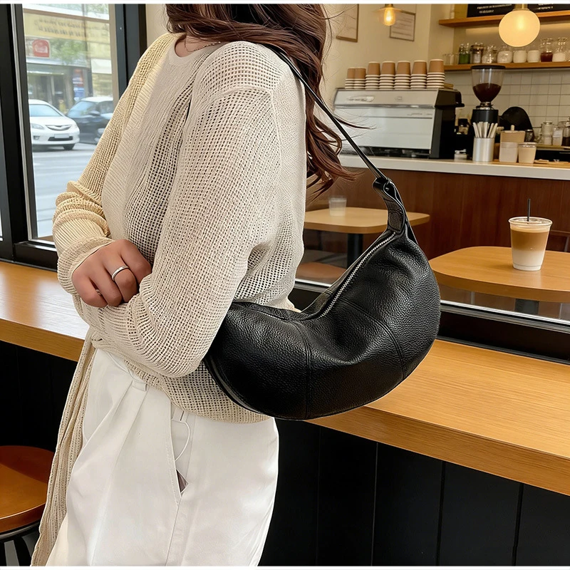 Damen Halbmondförmige Dumpling-Tasche aus Rindsleder, Vintage Unterarm-Schultertasche Crossbody-Handtasche für den Täglichen Arbeitsweg – Detail 7