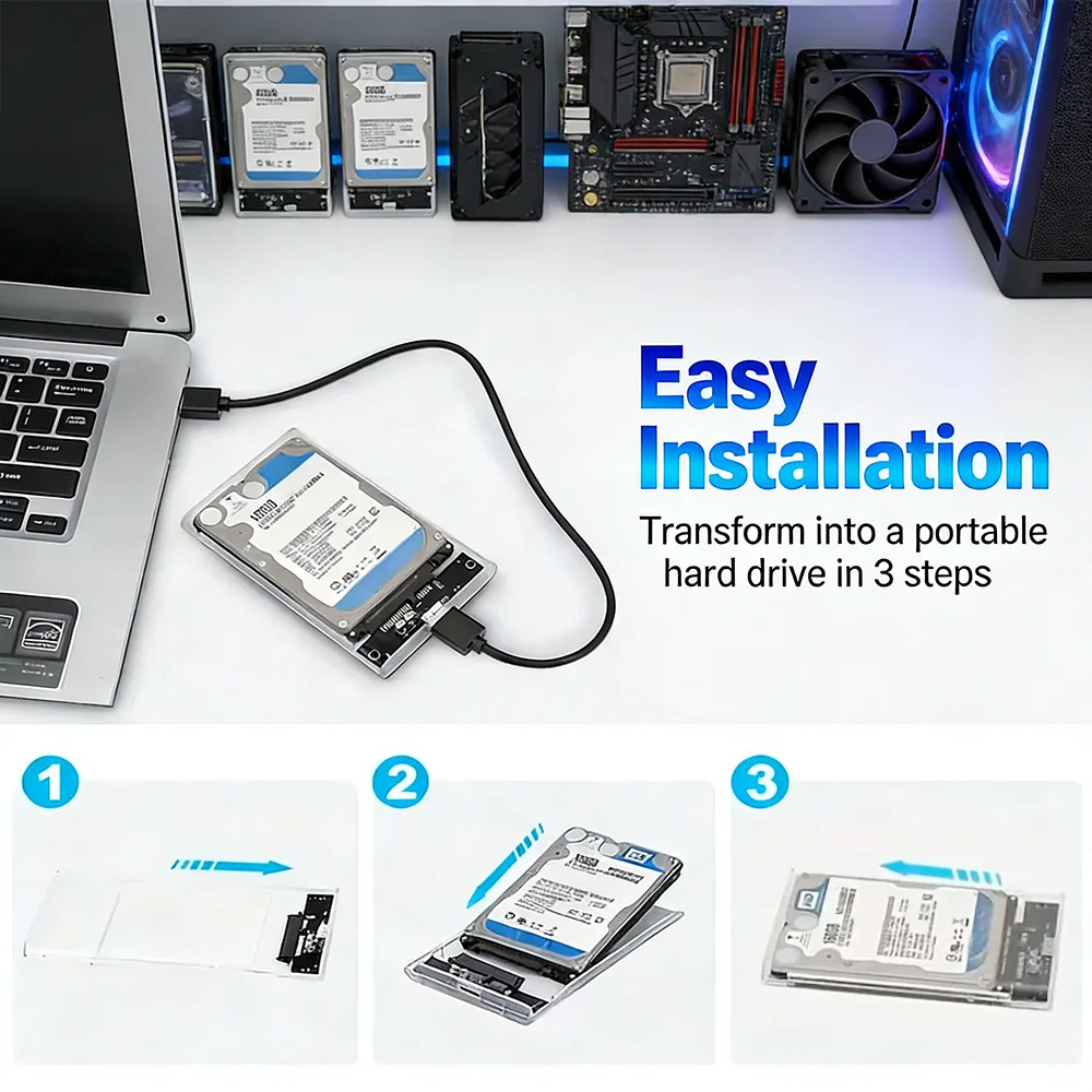 Fotografia 4: Caixa de Conexão Transparente SATA para USB 3.0 de 2,5 Polegadas, 5Gbps, Plug & Play para HDD/SSD de 9,5mm e 7mm, Suporta até 4TB