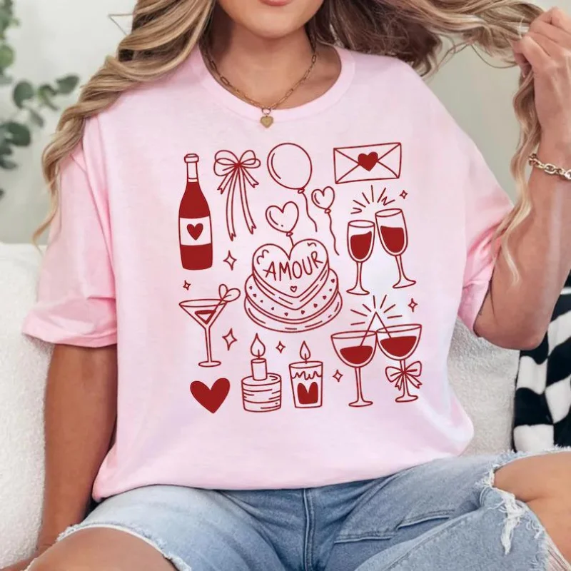 

Valentine's Day Coquette Shirt Hand Drawn Love Doodles Graphic Tee Minimalist Valentines Gift for Her Round Neck Women t shirt