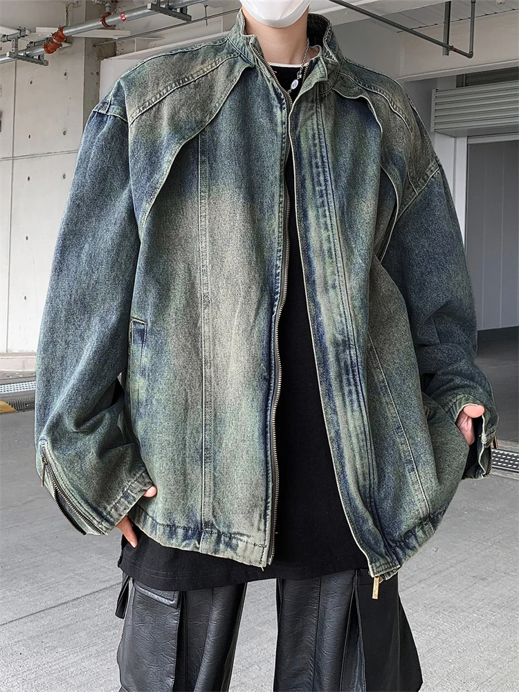 

Retro Yellow Mud Distred Denim Jaet Loose Fit Casual Zip up Collar Stand up Trendy Men's Jaet Autumn 2024 Faion