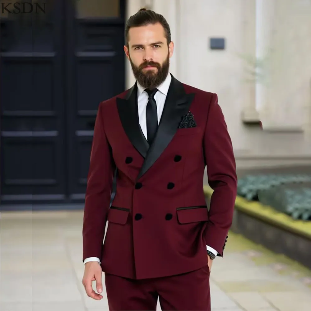 

KSDN Customzied Wedding Men's Suits Elegant Double Breasted Peak Lapel Slim Fit Male Clothing High Quality 2 Piece Jacket Pants