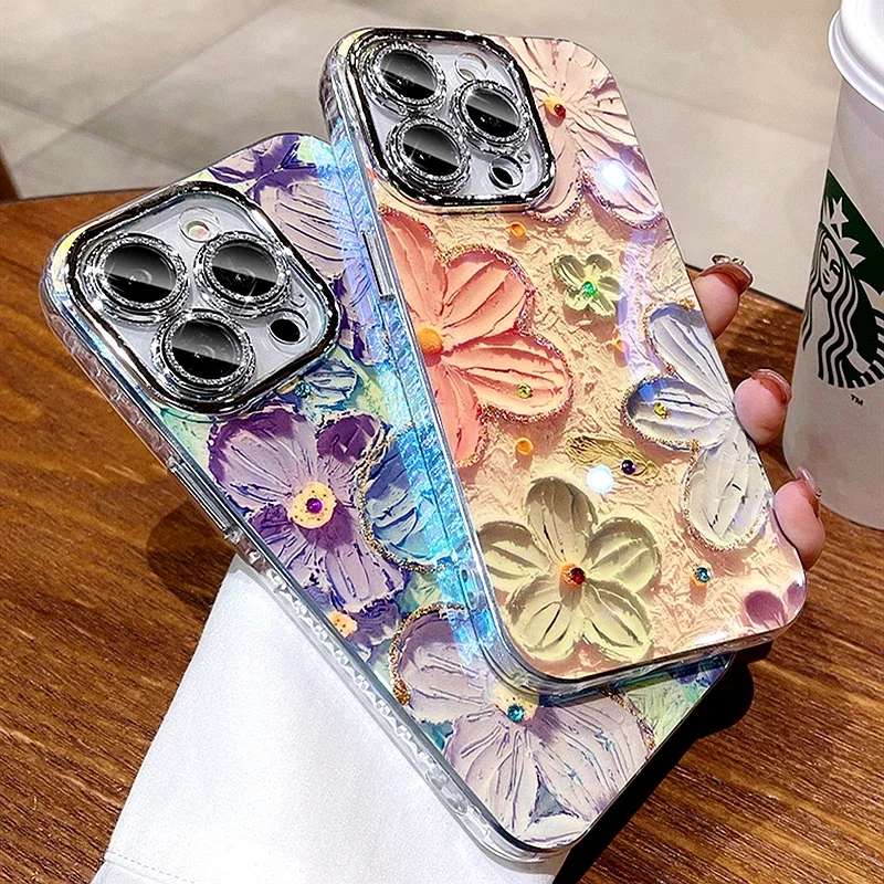 

For IPhone 16 Pro Max Luxury Glitter Flowers Laser Pattern Clean Frame Phone Case for IPhone 11 12 13 14 15Lens Protective Cover