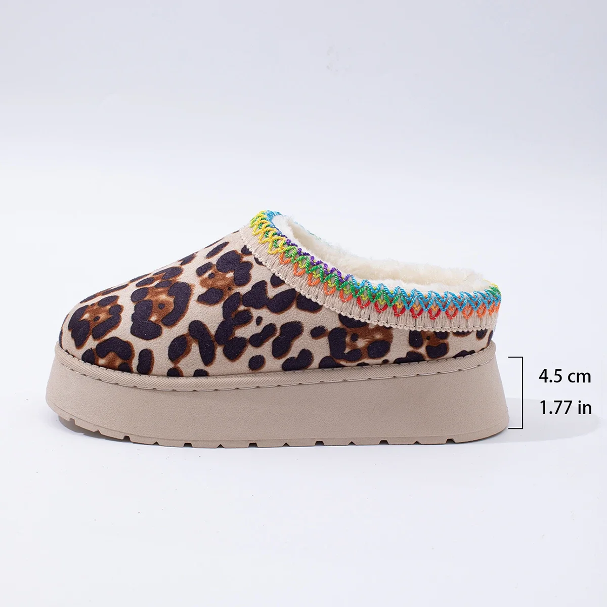 Bege leopardo impressão fundo grosso botas de neve feminino quente engrossar algodão de pelúcia mulher 2024 inverno plataforma linhas coloridas chinelos