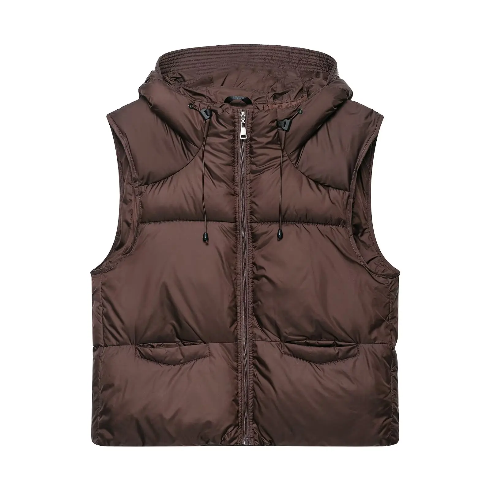 

ZBZR Autumn Winter New Women's Faionable Casual Hooded Dstring Cotton Vest All-Match Sle Regular Length Zipper Pure Color